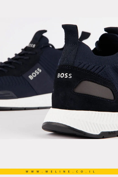 BOSS Titanium – סניקרס טקסטיל וגימור זמש בצבע כחול - WELINE.CO.IL