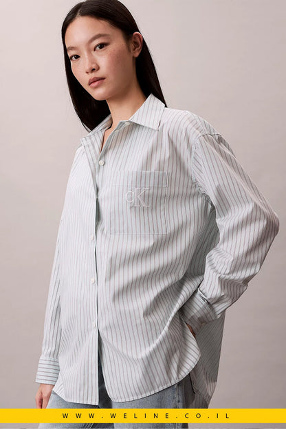 חולצת פופלין מפוספסת מכותנה – Calvin Klein - WELINE.CO.IL