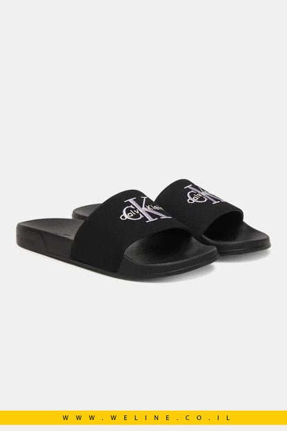 כפכפי סלייד נשים Calvin Klein Canvas Contoured – צבע שחור/לבנדר עדין - WELINE.CO.IL