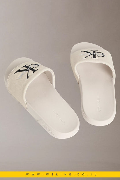 כפכפי סלייד גברים Calvin Klein Canvas Contoured – צבע Oatmeal - WELINE.CO.IL