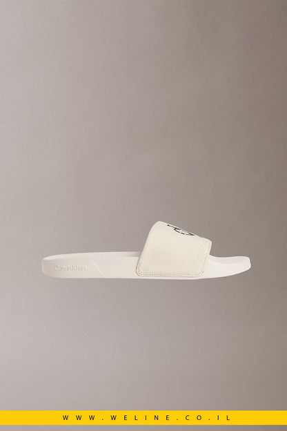 כפכפי סלייד גברים Calvin Klein Canvas Contoured – צבע Oatmeal - WELINE.CO.IL