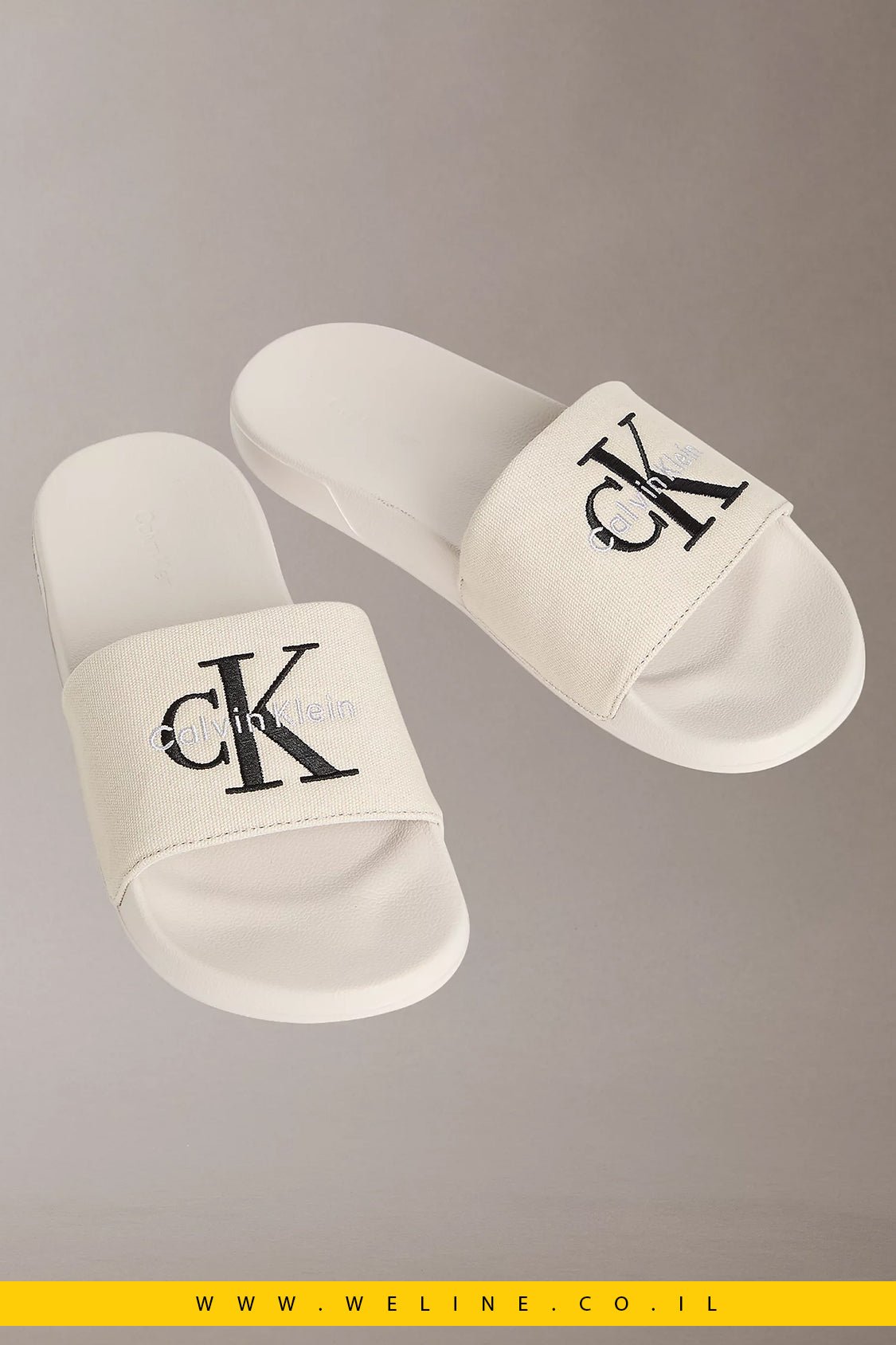 כפכפי סלייד גברים Calvin Klein Canvas Contoured – צבע Oatmeal - WELINE.CO.IL