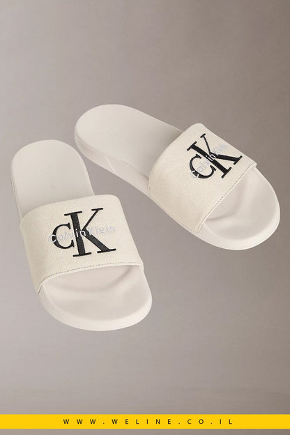 כפכפי סלייד גברים Calvin Klein Canvas Contoured – צבע Oatmeal - WELINE.CO.IL