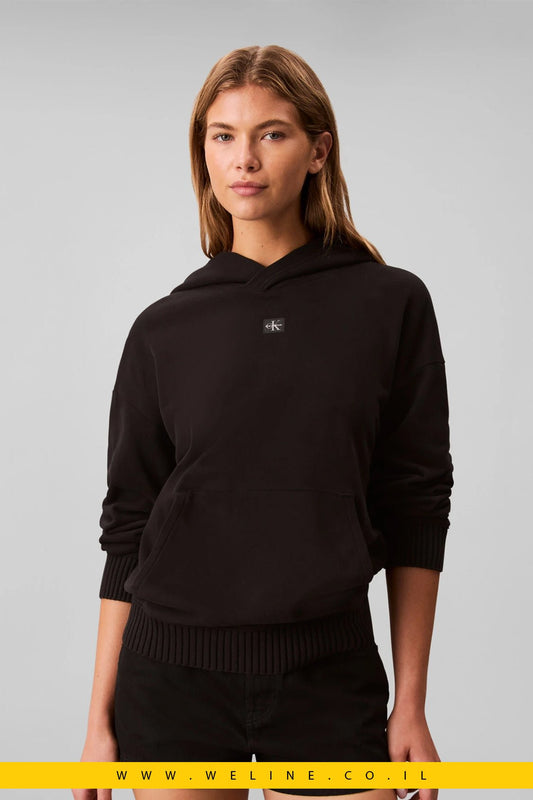קפוצ'ון Calvin Klein Jeans – Woven Label Peached Hoodie שחור - WELINE.CO.IL