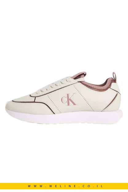 נעלי סניקרס נשים Calvin Klein Retro Runnr Sock Patch Leather – צבע לבן / Blush - WELINE.CO.IL