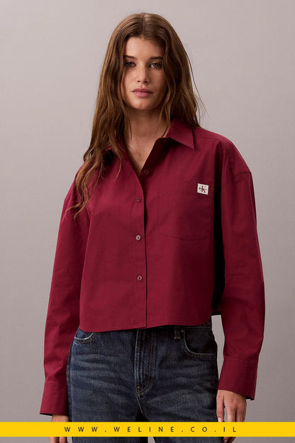 חולצה מכופתרת לנשים Calvin Klein Woven Monologo Cropped Poplin - WELINE.CO.IL