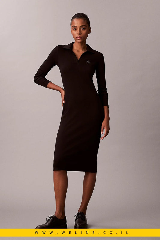 CALVIN KLEIN – Woven Monologo Rib Midi Dress שמלת מידי ריב לנשים - WELINE.CO.IL
