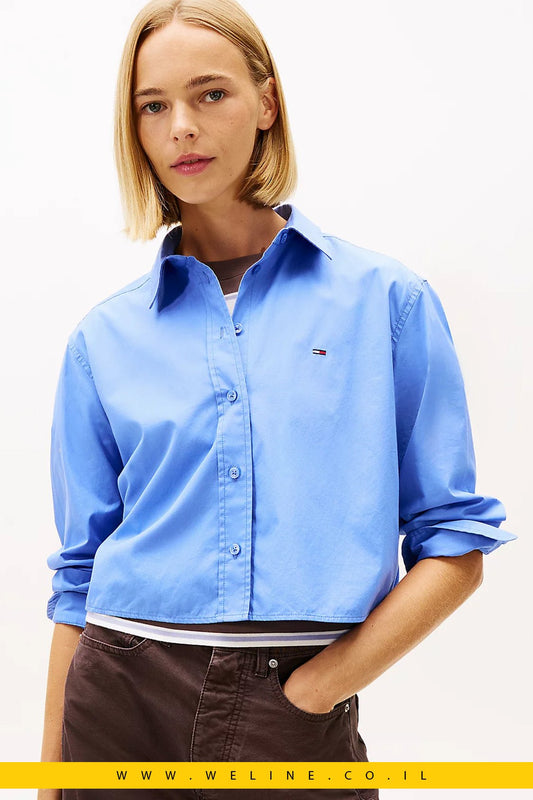 חולצת פופלין Cropped בגזרה משוחררת – תכלת בהיר - WELINE.CO.IL