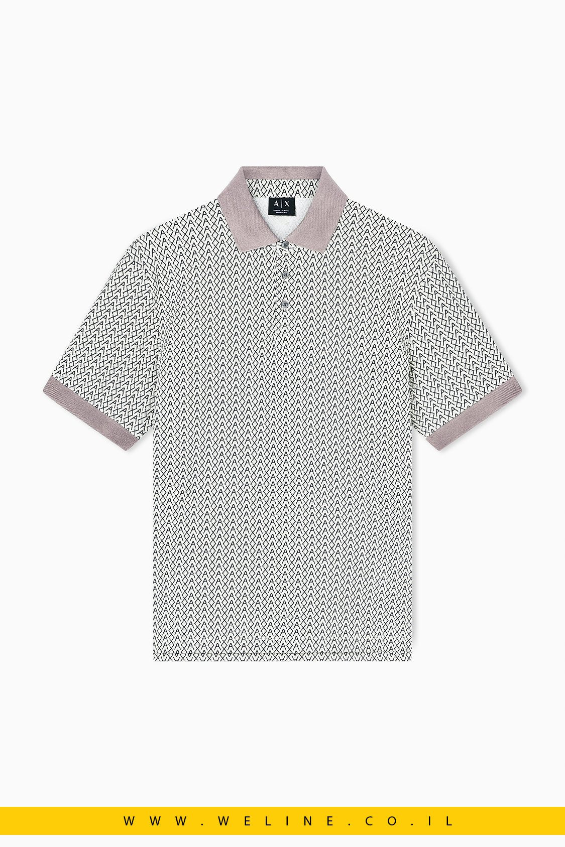 חולצת פולו גברים EA7 Piquet Polo With Allover Logo – צבע בז׳ - WELINE.CO.IL