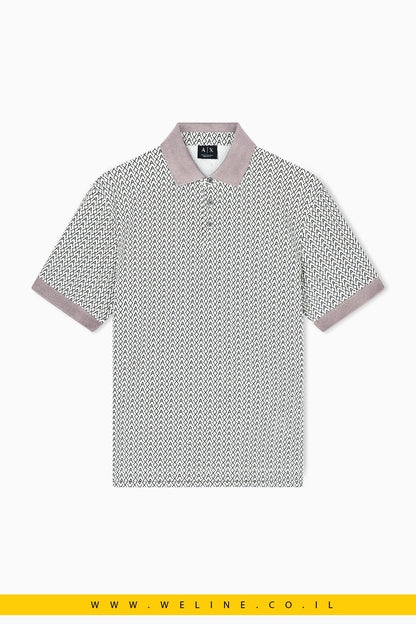 חולצת פולו גברים EA7 Piquet Polo With Allover Logo – צבע בז׳ - WELINE.CO.IL
