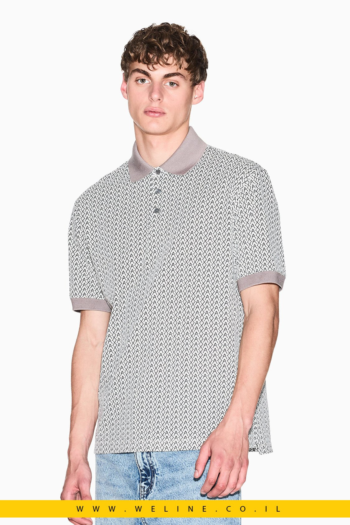 חולצת פולו גברים EA7 Piquet Polo With Allover Logo – צבע בז׳ - WELINE.CO.IL