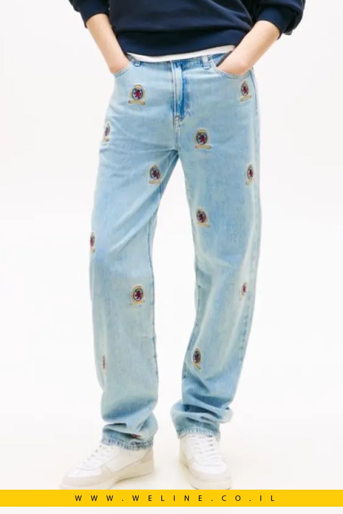 ג’ינס נשים Embroidery Mid Rise Slim Straight Leg – Tommy Jeans | צבע Denim Light - WELINE.CO.IL
