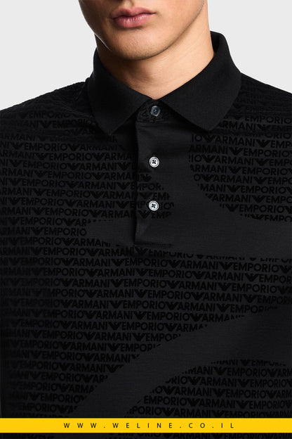 חולצת פולו גברים Emporio Armani All-Over Logo Regular Fit Polo Shirt – צבע שחור - WELINE.CO.IL