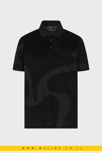 חולצת פולו גברים Emporio Armani All-Over Logo Regular Fit Polo Shirt – צבע שחור - WELINE.CO.IL