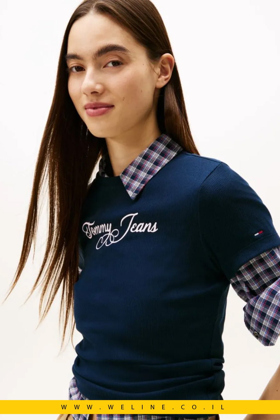 טי - שירט נשים Essential Ribbed Slim Fit – Tommy Jeans | צבע Dark Night Navy - WELINE.CO.IL