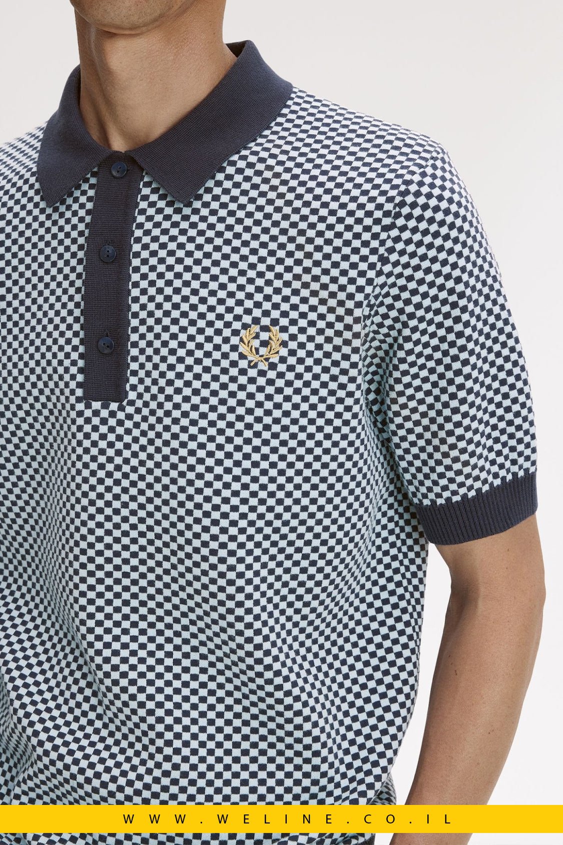 חולצת סריג גברים Fred Perry Chequerboard Knitted Shirt – צבע Dark Airforce - WELINE.CO.IL