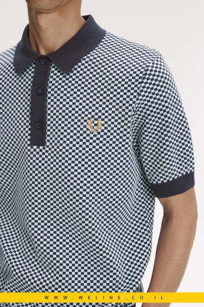 חולצת סריג גברים Fred Perry Chequerboard Knitted Shirt – צבע Dark Airforce - WELINE.CO.IL