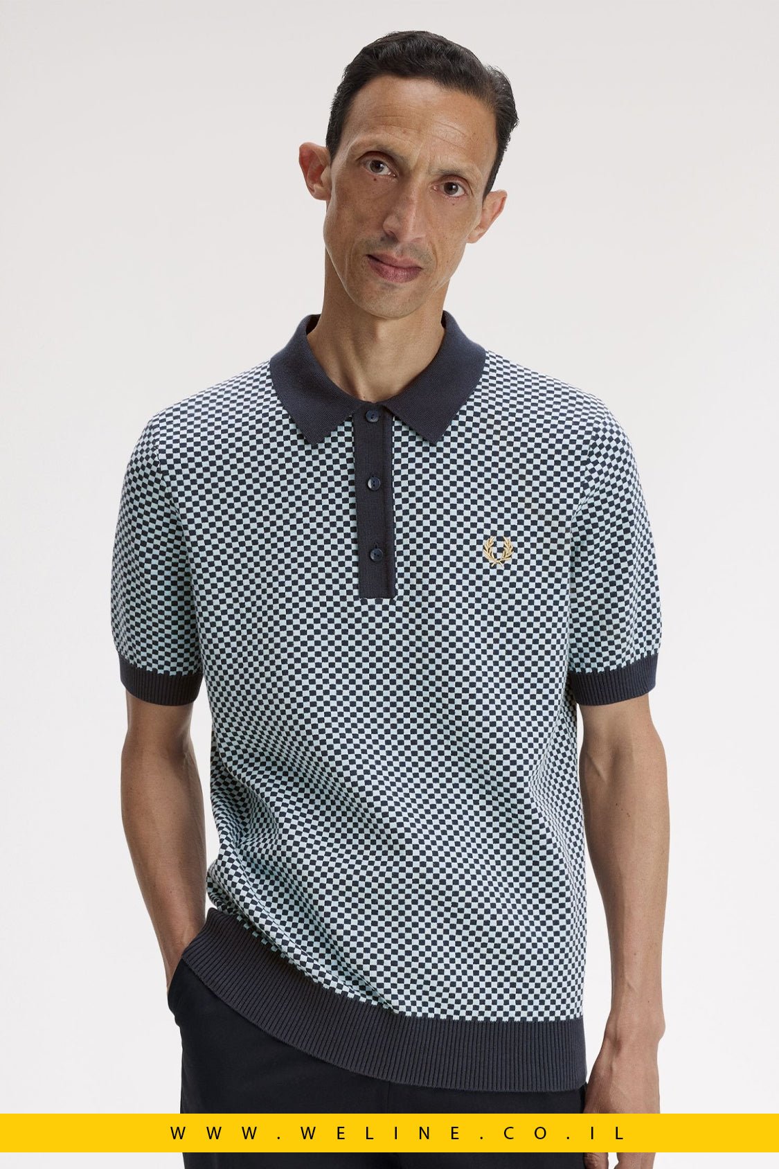 חולצת סריג גברים Fred Perry Chequerboard Knitted Shirt – צבע Dark Airforce - WELINE.CO.IL