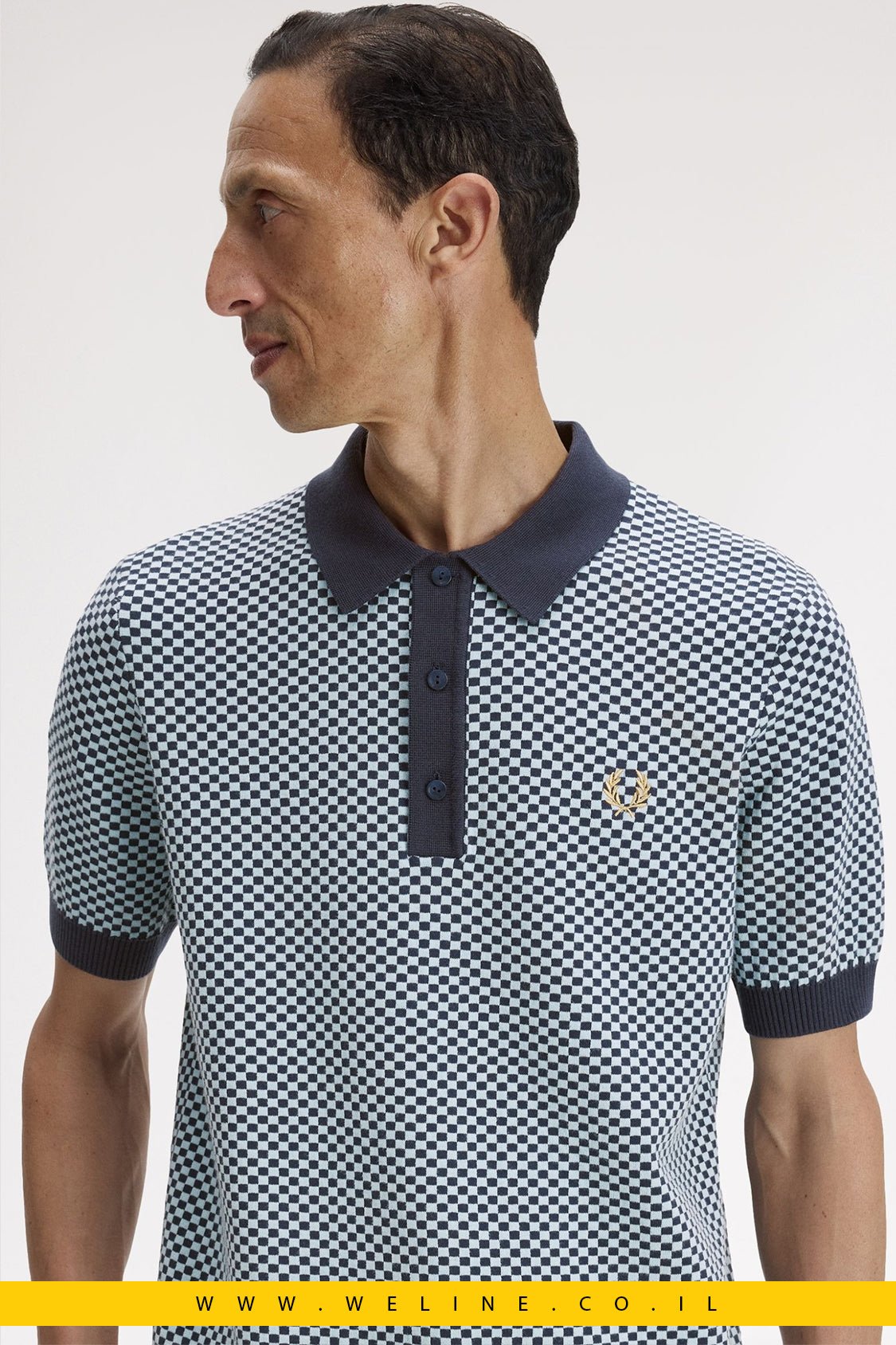 חולצת סריג גברים Fred Perry Chequerboard Knitted Shirt – צבע Dark Airforce - WELINE.CO.IL