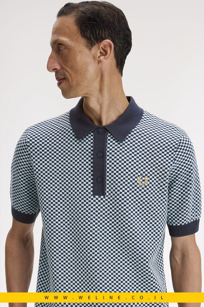 חולצת סריג גברים Fred Perry Chequerboard Knitted Shirt – צבע Dark Airforce - WELINE.CO.IL