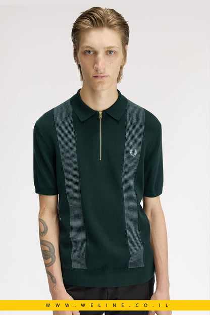 חולצת סריג גברים Fred Perry Panel Detail Knitted Shirt – צבע Grassroots - WELINE.CO.IL