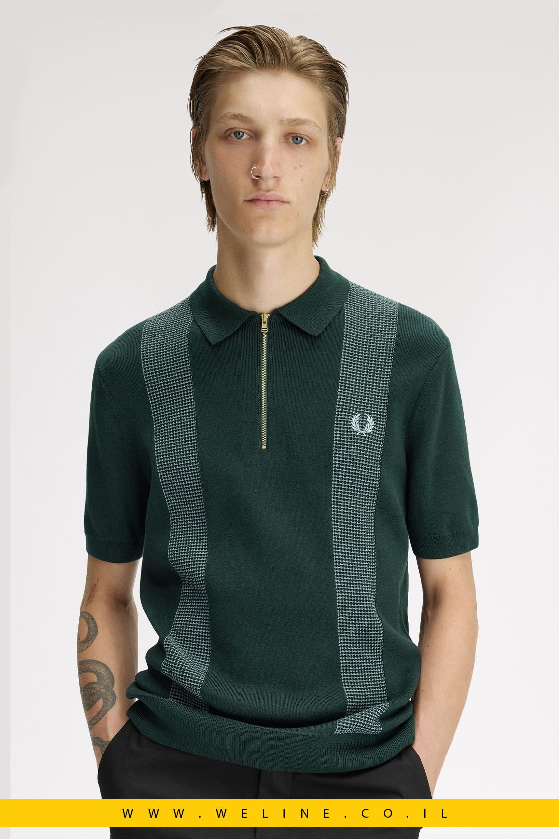 חולצת סריג גברים Fred Perry Panel Detail Knitted Shirt – צבע Grassroots - WELINE.CO.IL