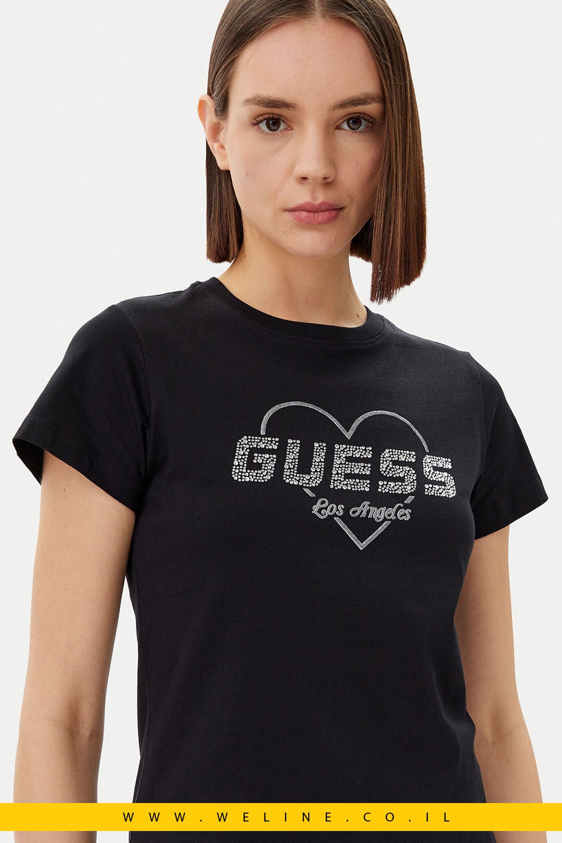 חולצת טי נשים GUESS Slim Fit – צבע Jet Black | לוגו אבנים נוצצות - WELINE.CO.IL