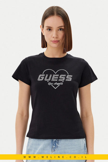 חולצת טי נשים GUESS Slim Fit – צבע Jet Black | לוגו אבנים נוצצות - WELINE.CO.IL