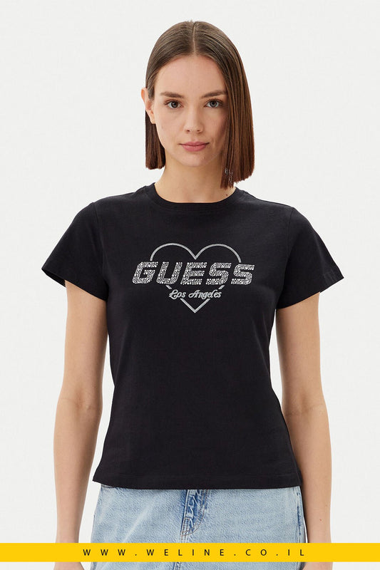 חולצת טי נשים GUESS Slim Fit – צבע Jet Black | לוגו אבנים נוצצות - WELINE.CO.IL