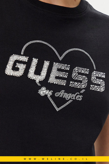 חולצת טי נשים GUESS Slim Fit – צבע Jet Black | לוגו אבנים נוצצות - WELINE.CO.IL