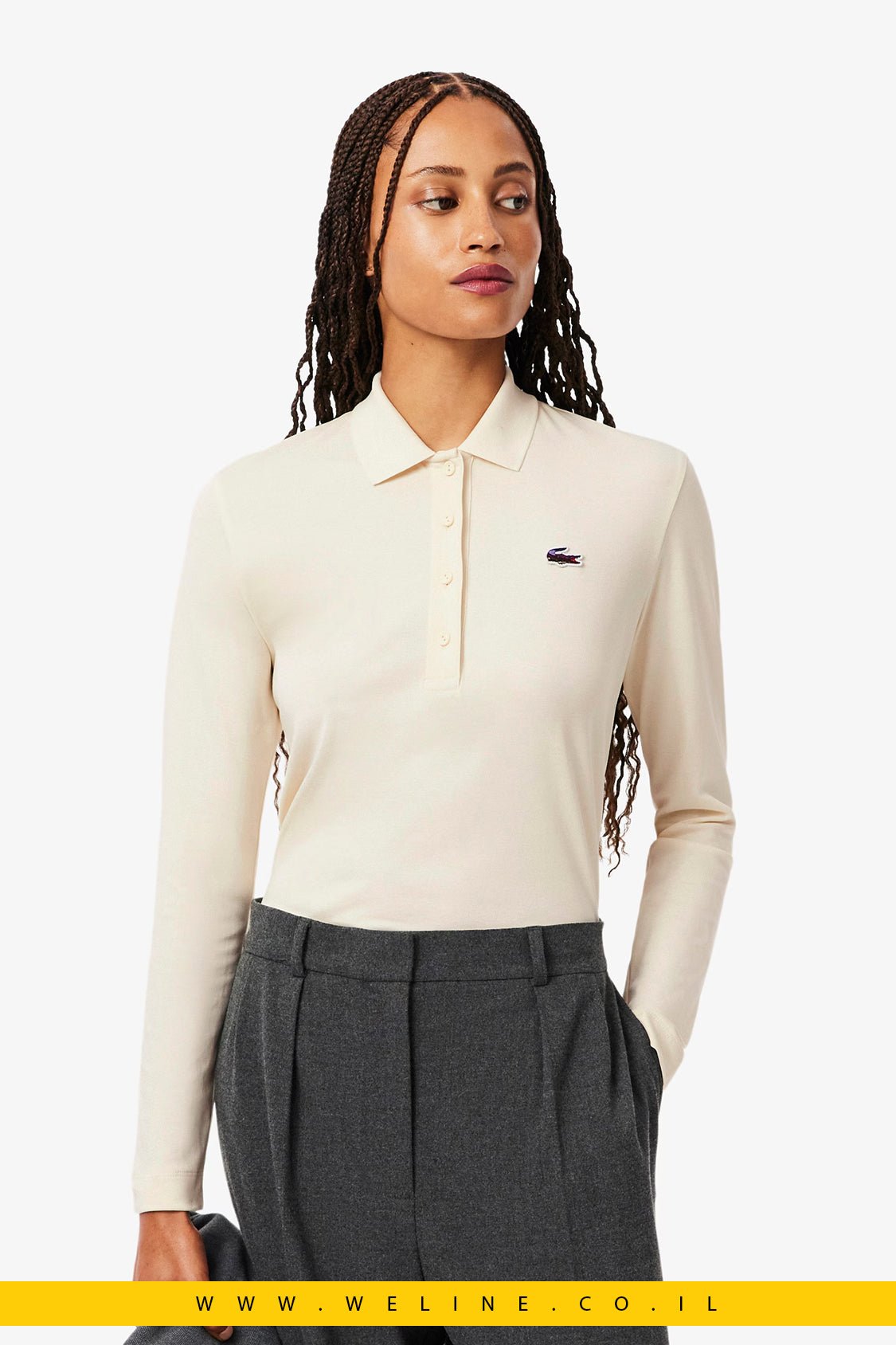 פולו לנשים Lacoste עם קרוקודיל נוף – לבן שבור - WELINE.CO.IL