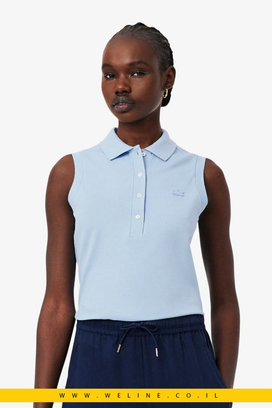 חולצת פולו נשים Lacoste L.12.D Slim Fit ללא שרוולים – כותנה גמישה תכלת בהיר - WELINE.CO.IL