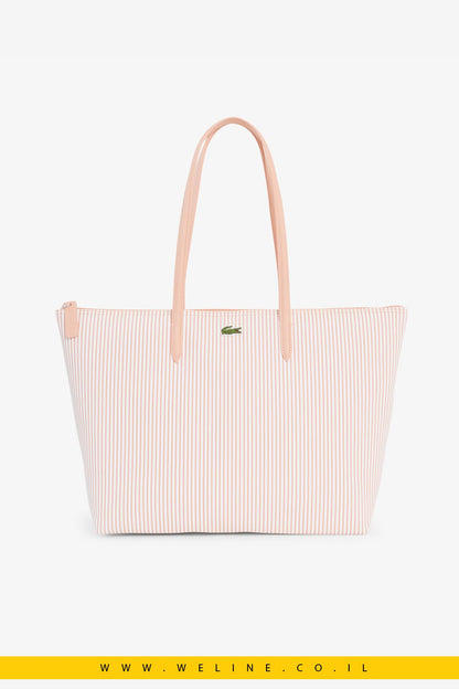 תיק טוט נשים Lacoste Large Striped L.12.12 Concept Tote – צבע Blanc Miami - WELINE.CO.IL