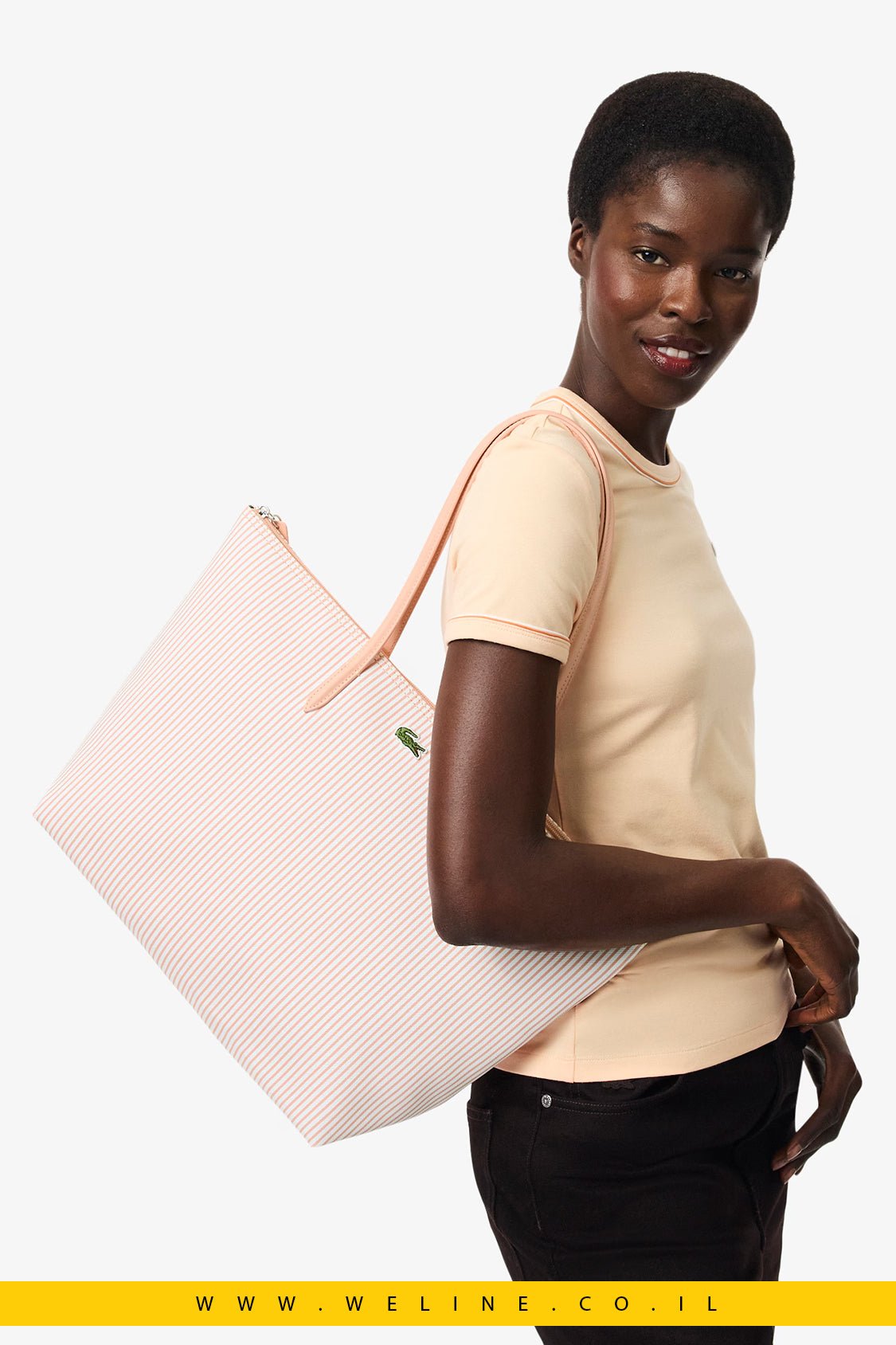 תיק טוט נשים Lacoste Large Striped L.12.12 Concept Tote – צבע Blanc Miami - WELINE.CO.IL