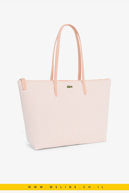 תיק טוט נשים Lacoste Large Striped L.12.12 Concept Tote – צבע Blanc Miami - WELINE.CO.IL