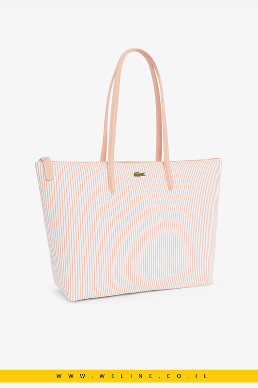 תיק טוט נשים Lacoste Large Striped L.12.12 Concept Tote – צבע Blanc Miami - WELINE.CO.IL