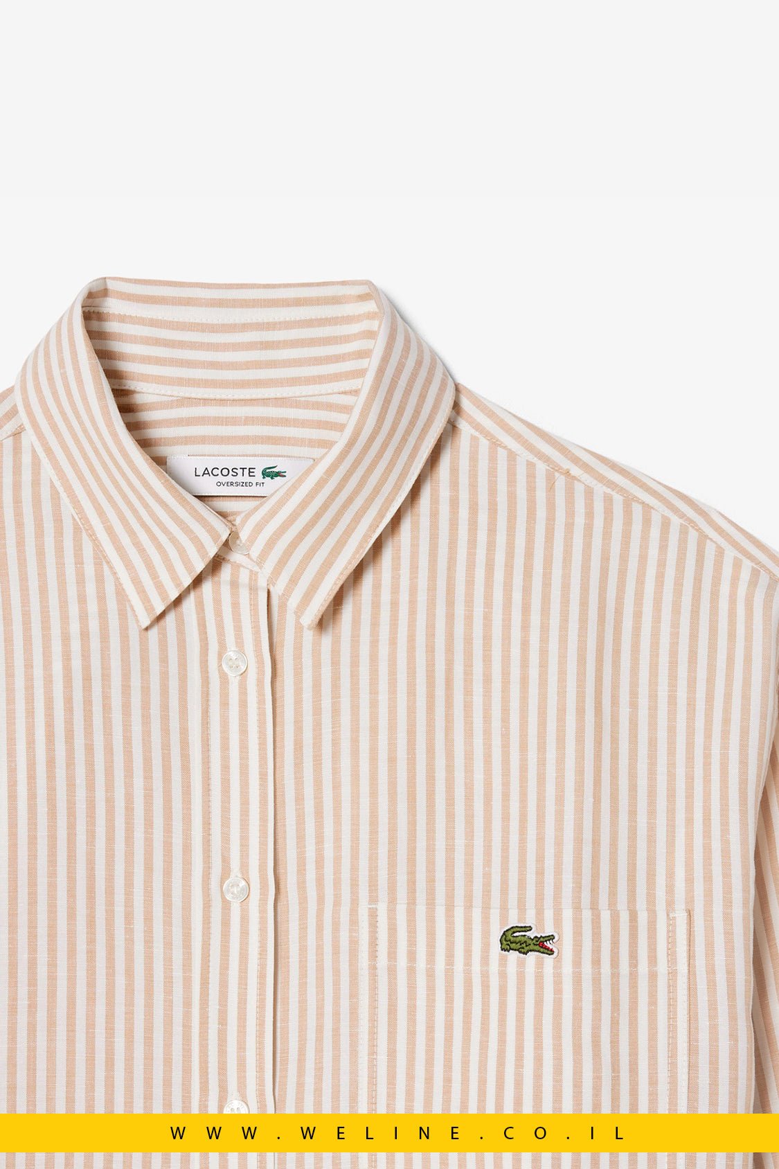 חולצת נשים Lacoste Linen × Lyocell Blend Striped Shirt – צבע Beige - WELINE.CO.IL