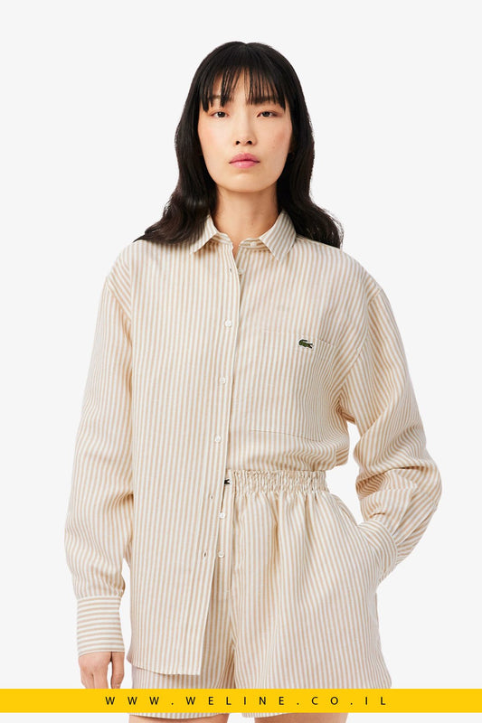 חולצת נשים Lacoste Linen × Lyocell Blend Striped Shirt – צבע Beige - WELINE.CO.IL