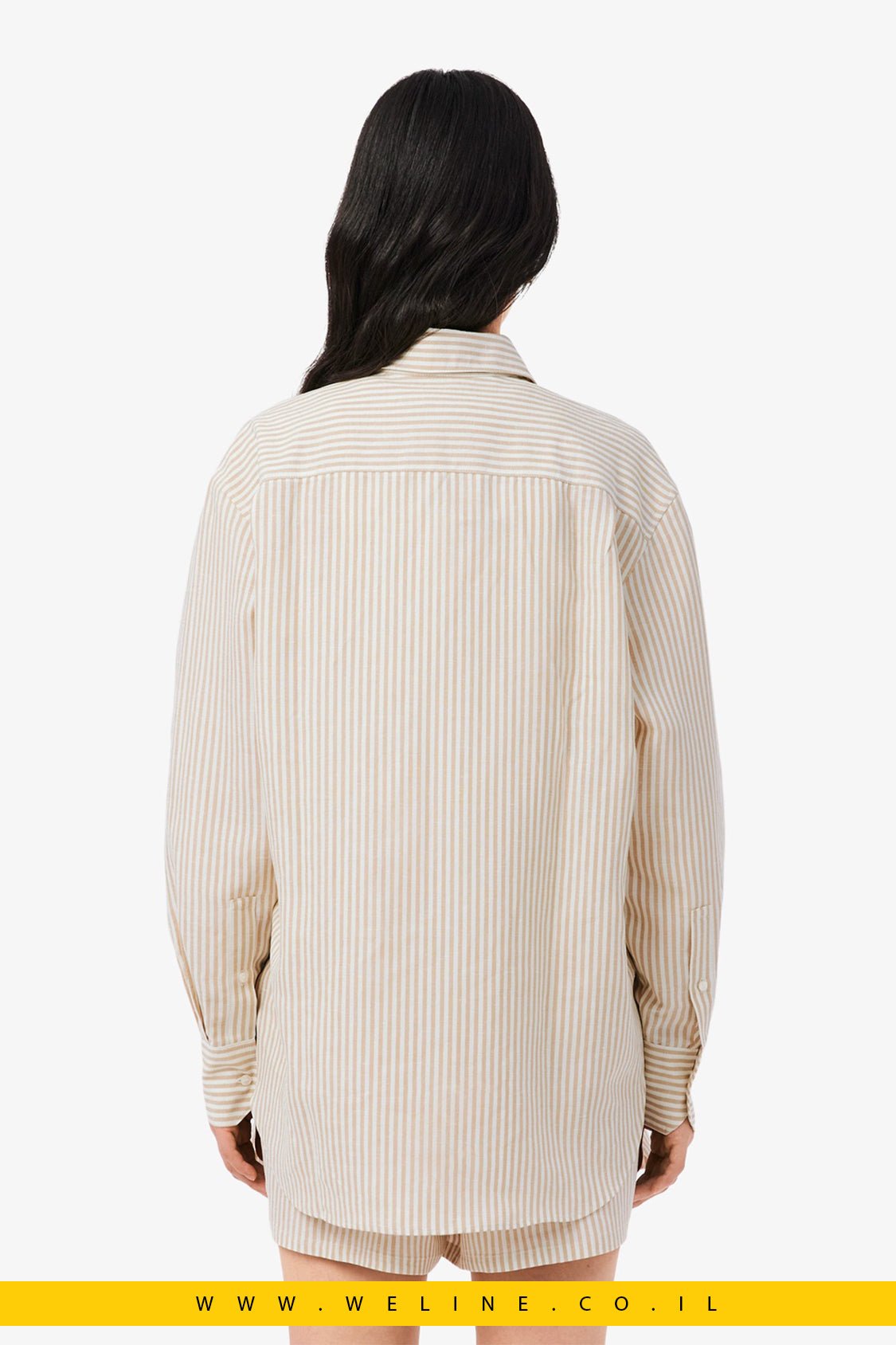 חולצת נשים Lacoste Linen × Lyocell Blend Striped Shirt – צבע Beige - WELINE.CO.IL