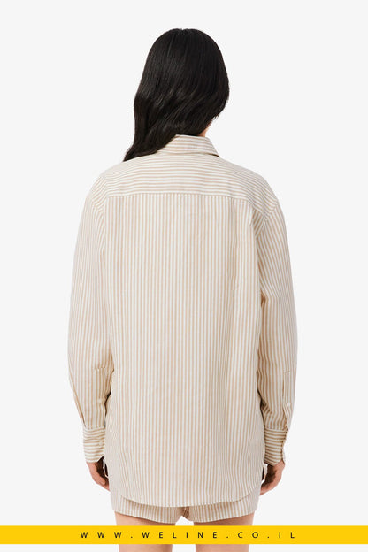 חולצת נשים Lacoste Linen × Lyocell Blend Striped Shirt – צבע Beige - WELINE.CO.IL