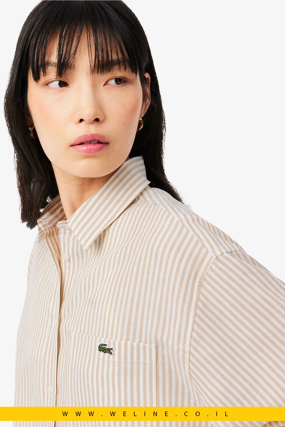 חולצת נשים Lacoste Linen × Lyocell Blend Striped Shirt – צבע Beige - WELINE.CO.IL