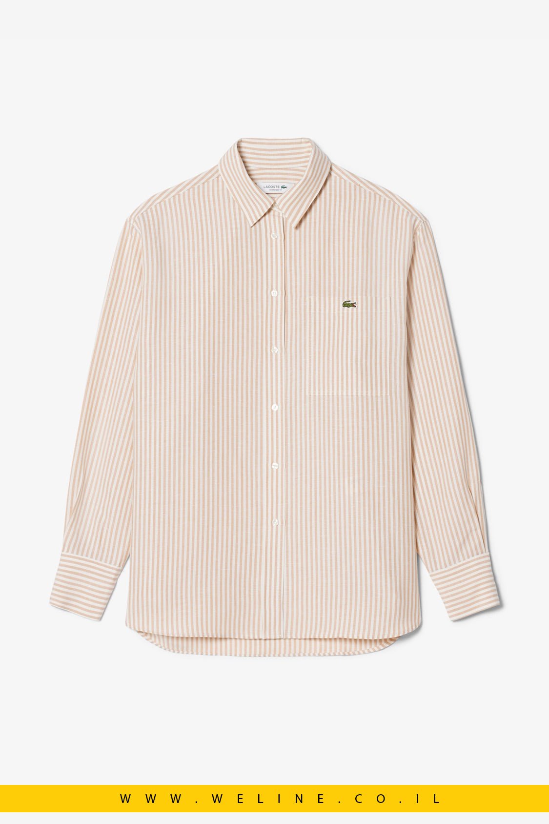 חולצת נשים Lacoste Linen × Lyocell Blend Striped Shirt – צבע Beige - WELINE.CO.IL