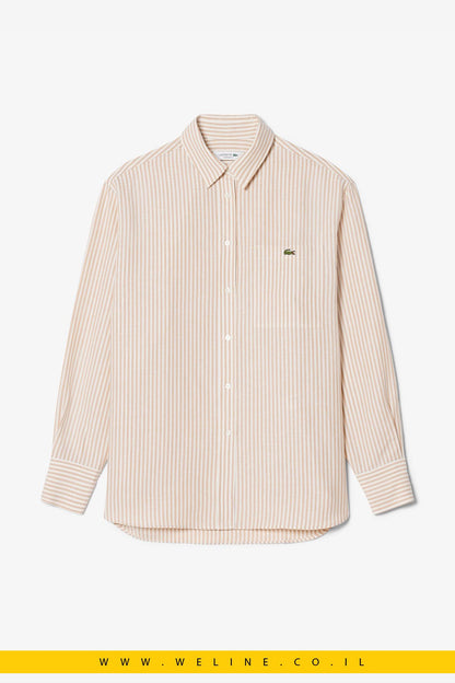חולצת נשים Lacoste Linen × Lyocell Blend Striped Shirt – צבע Beige - WELINE.CO.IL