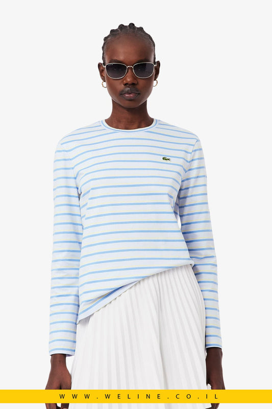 חולצת טי נשים Lacoste Long Sleeve Striped Jersey T-Shirt – צבע Bleu Clair / Bleu / Jaune - WELINE.CO.IL
