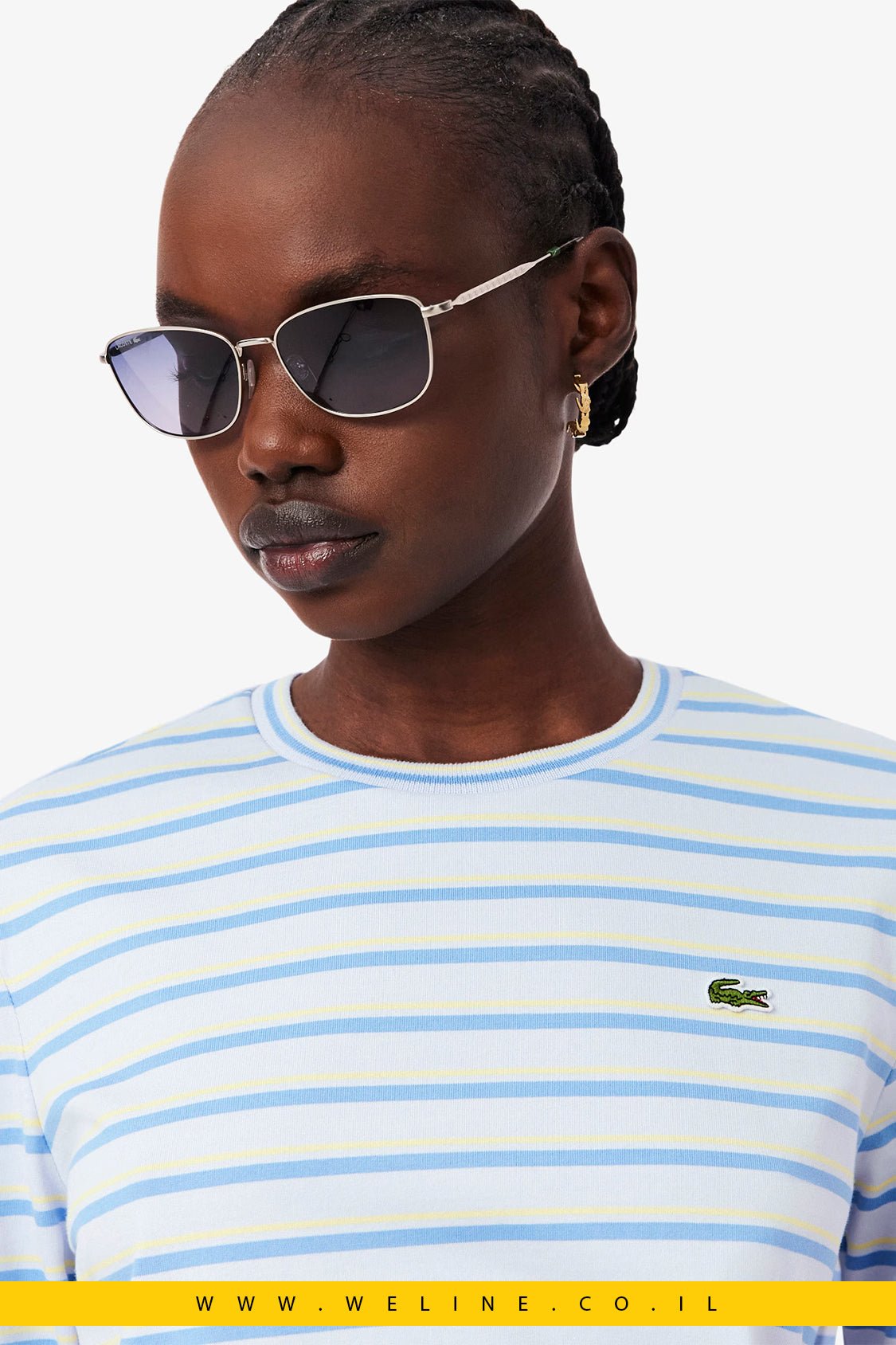 חולצת טי נשים Lacoste Long Sleeve Striped Jersey T-Shirt – צבע Bleu Clair / Bleu / Jaune - WELINE.CO.IL