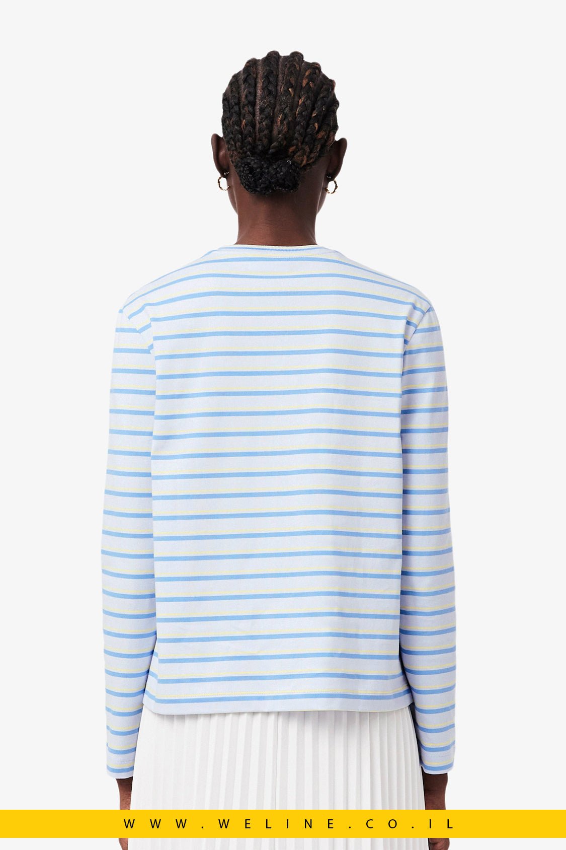 חולצת טי נשים Lacoste Long Sleeve Striped Jersey T-Shirt – צבע Bleu Clair / Bleu / Jaune - WELINE.CO.IL