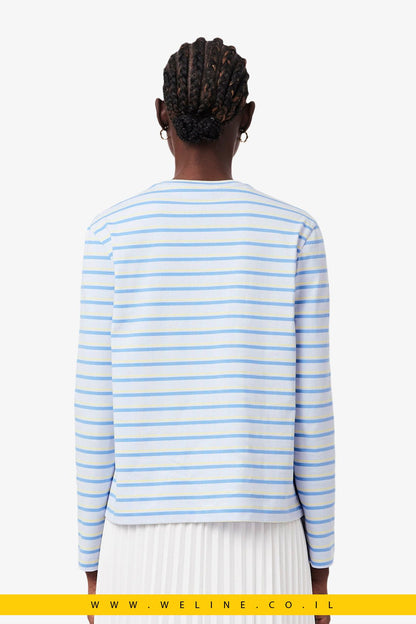 חולצת טי נשים Lacoste Long Sleeve Striped Jersey T-Shirt – צבע Bleu Clair / Bleu / Jaune - WELINE.CO.IL
