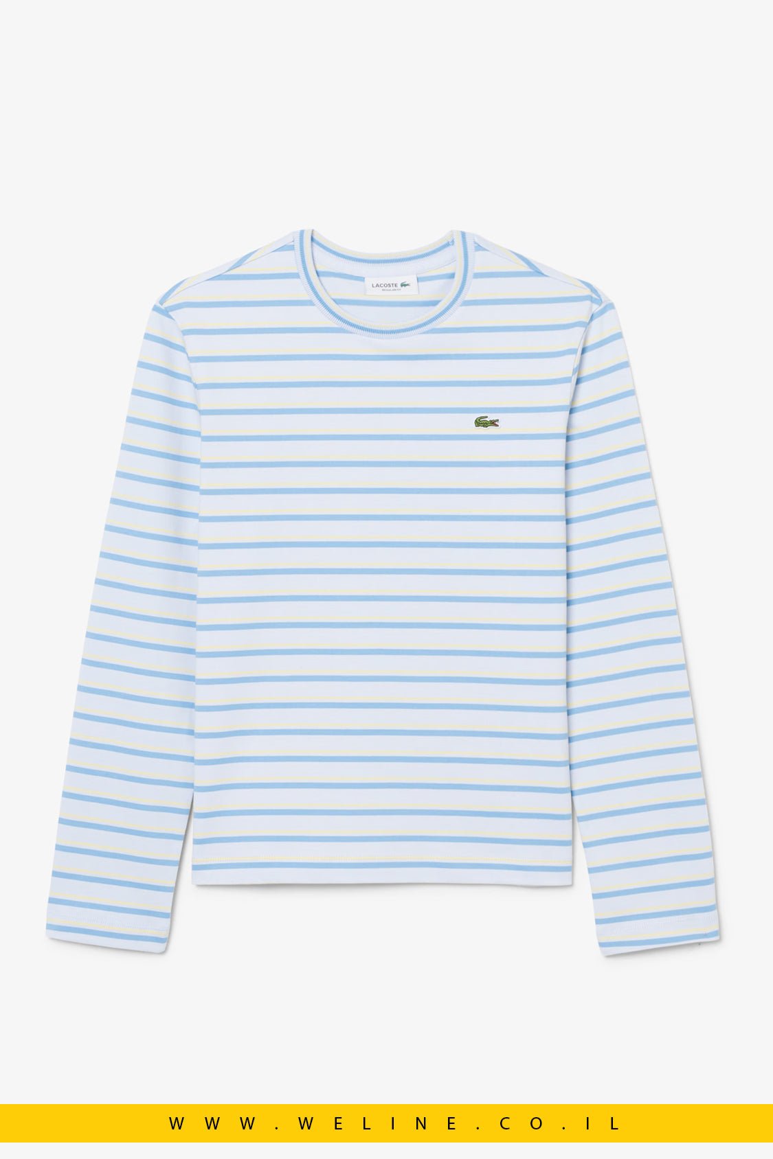חולצת טי נשים Lacoste Long Sleeve Striped Jersey T-Shirt – צבע Bleu Clair / Bleu / Jaune - WELINE.CO.IL