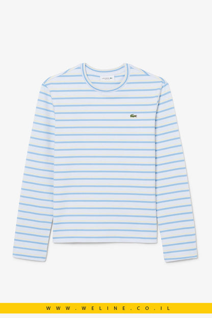 חולצת טי נשים Lacoste Long Sleeve Striped Jersey T-Shirt – צבע Bleu Clair / Bleu / Jaune - WELINE.CO.IL