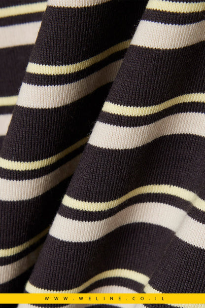 חולצת טי נשים Lacoste Long Sleeved Striped Jersey T-shirt – צבע Marron / Beige / Jaune - WELINE.CO.IL